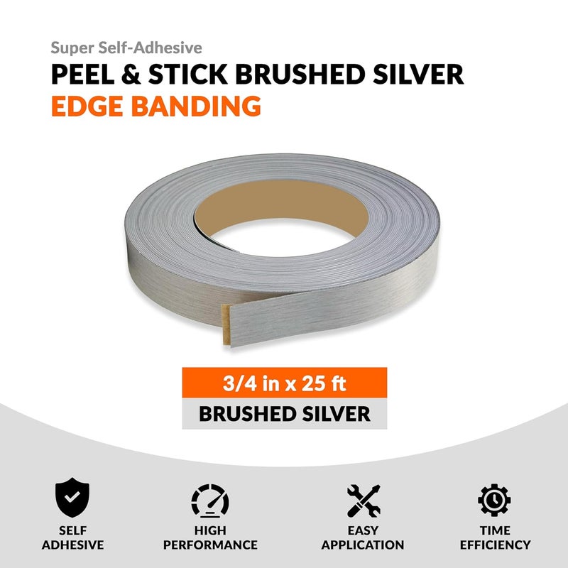 LEAFLEX Brushed Silver 3/4 inch x 25 ft PVC Edge Banding Peel Stick Tape Adhesive Metal Edging Veneer Furniture Aluminum Trim MDF Wood Cabinet Flexible Strip Molding Laminate Shelf Countertop Formica Plywood - Image 2